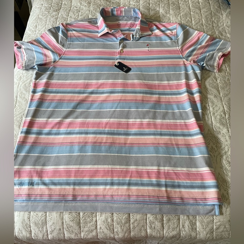 Johnnie-O Striped Polo Shirt in Pink and Blue